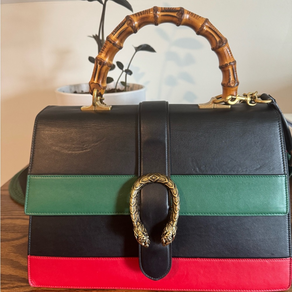 Authentic Gucci Black, Red, and Green Large Dionysus Bag with Bamboo Handle